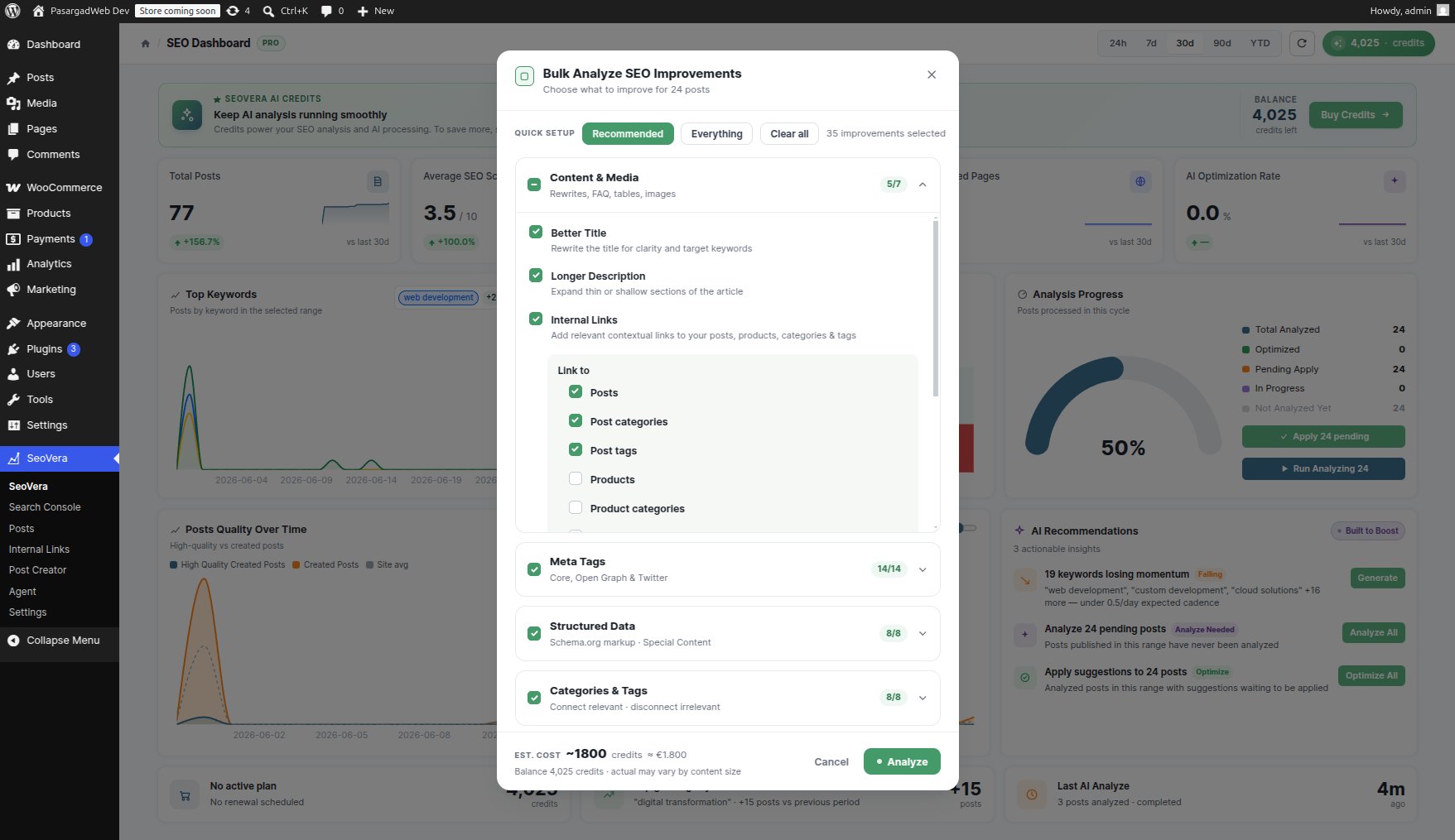 Bulk analyze dialog choosing which SEO improvements to run across 24 posts