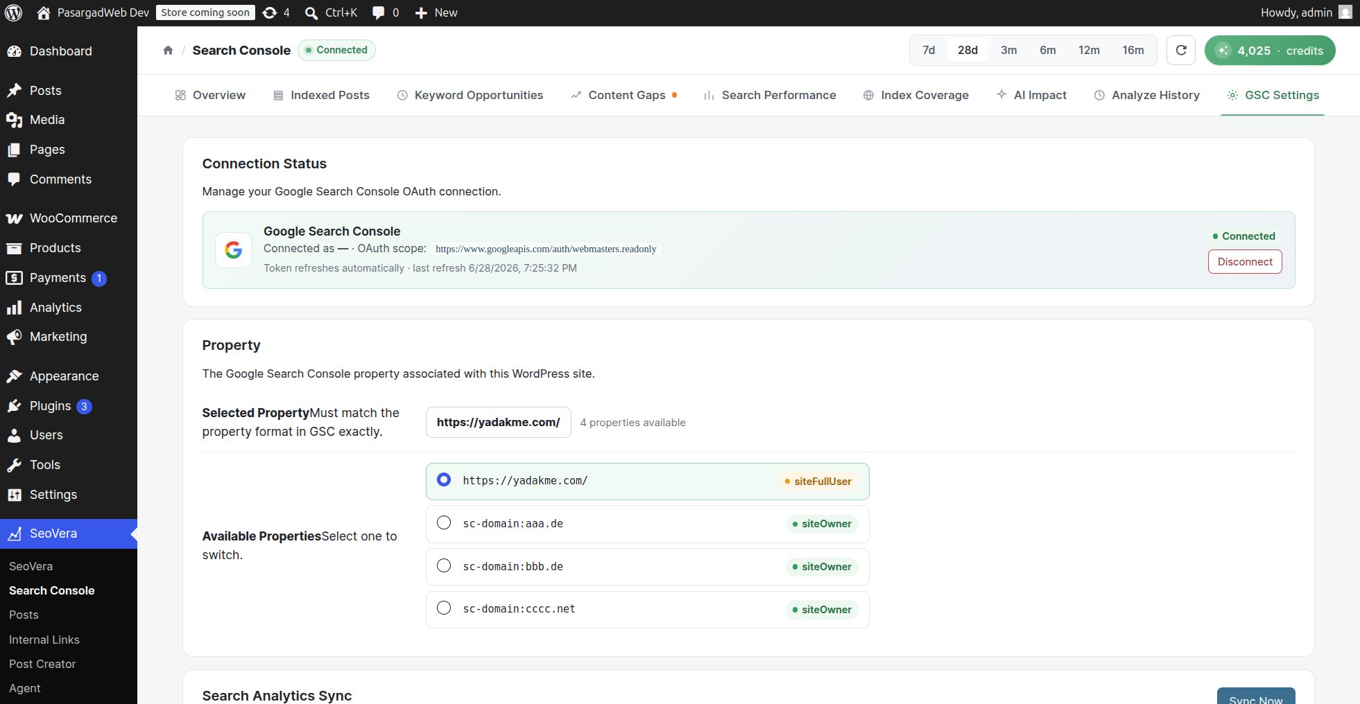 Google Search Console connection settings with property selection inside the plugin