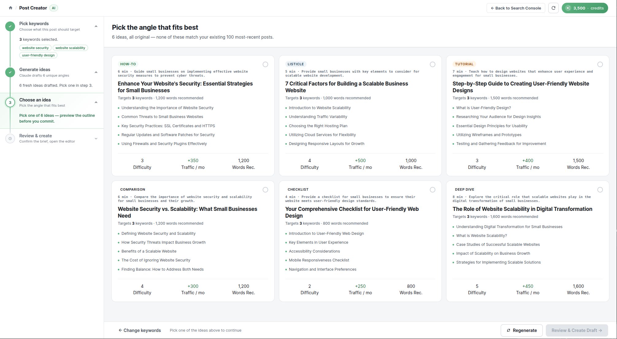 Post Creator suggesting six AI article angles: how-to, listicle, tutorial and comparison