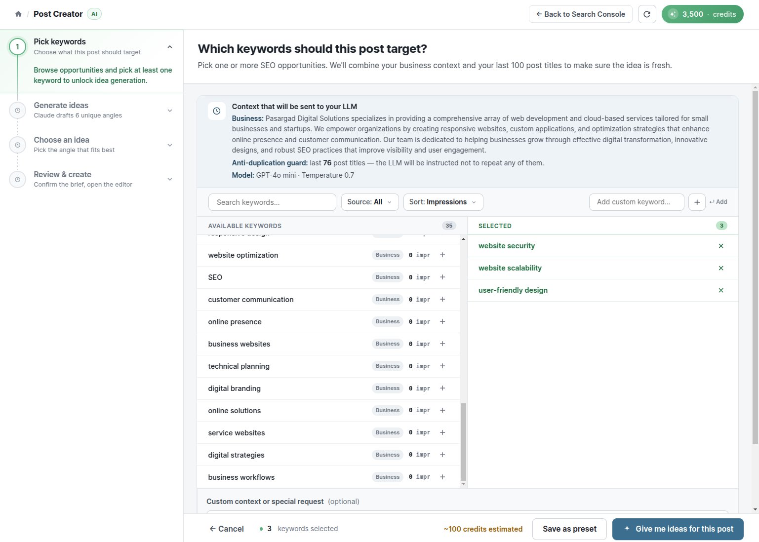 Post Creator keyword picker choosing which SEO opportunities a new post should target