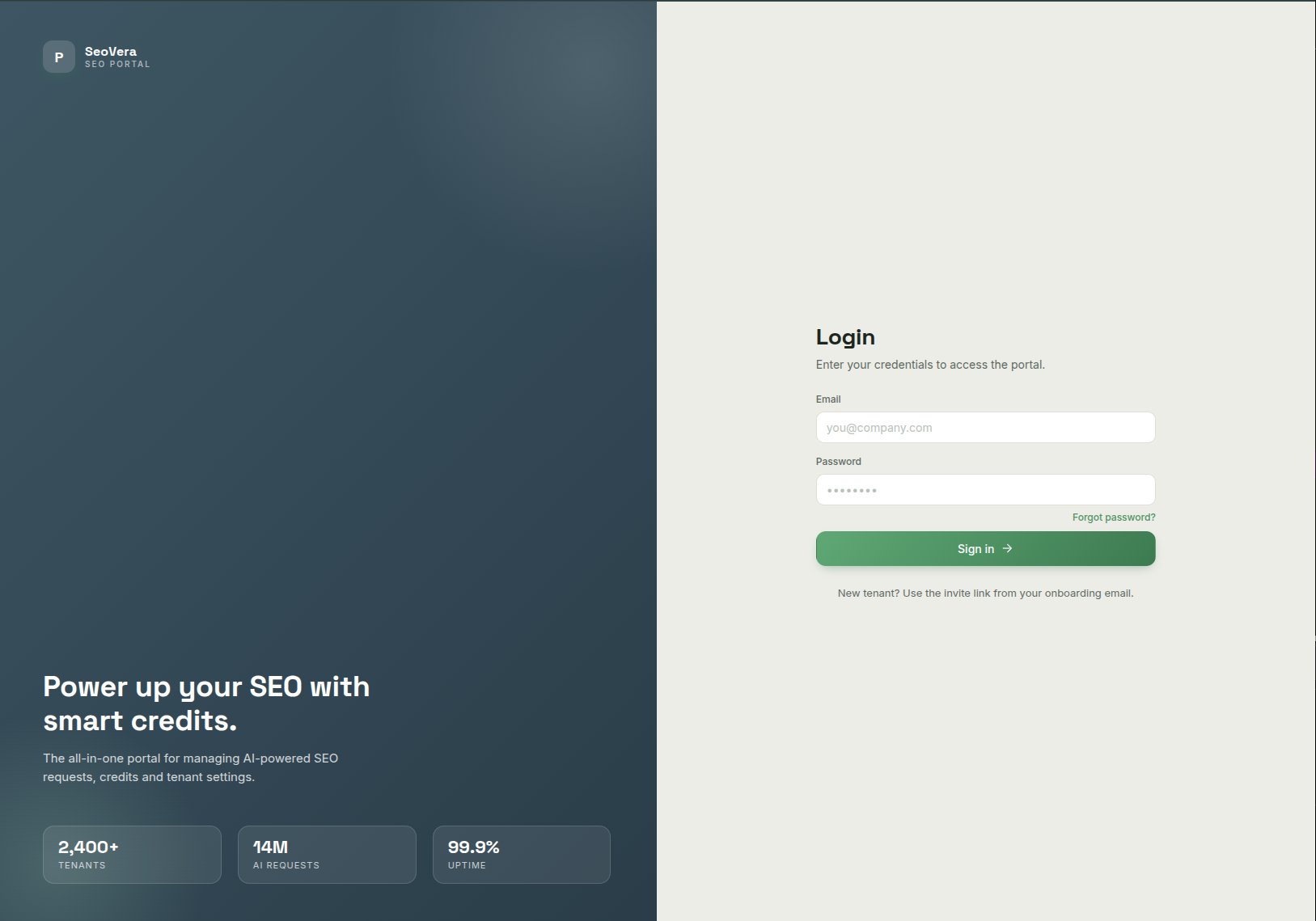 SeoVia SEO portal login screen for managing credits and tenant settings