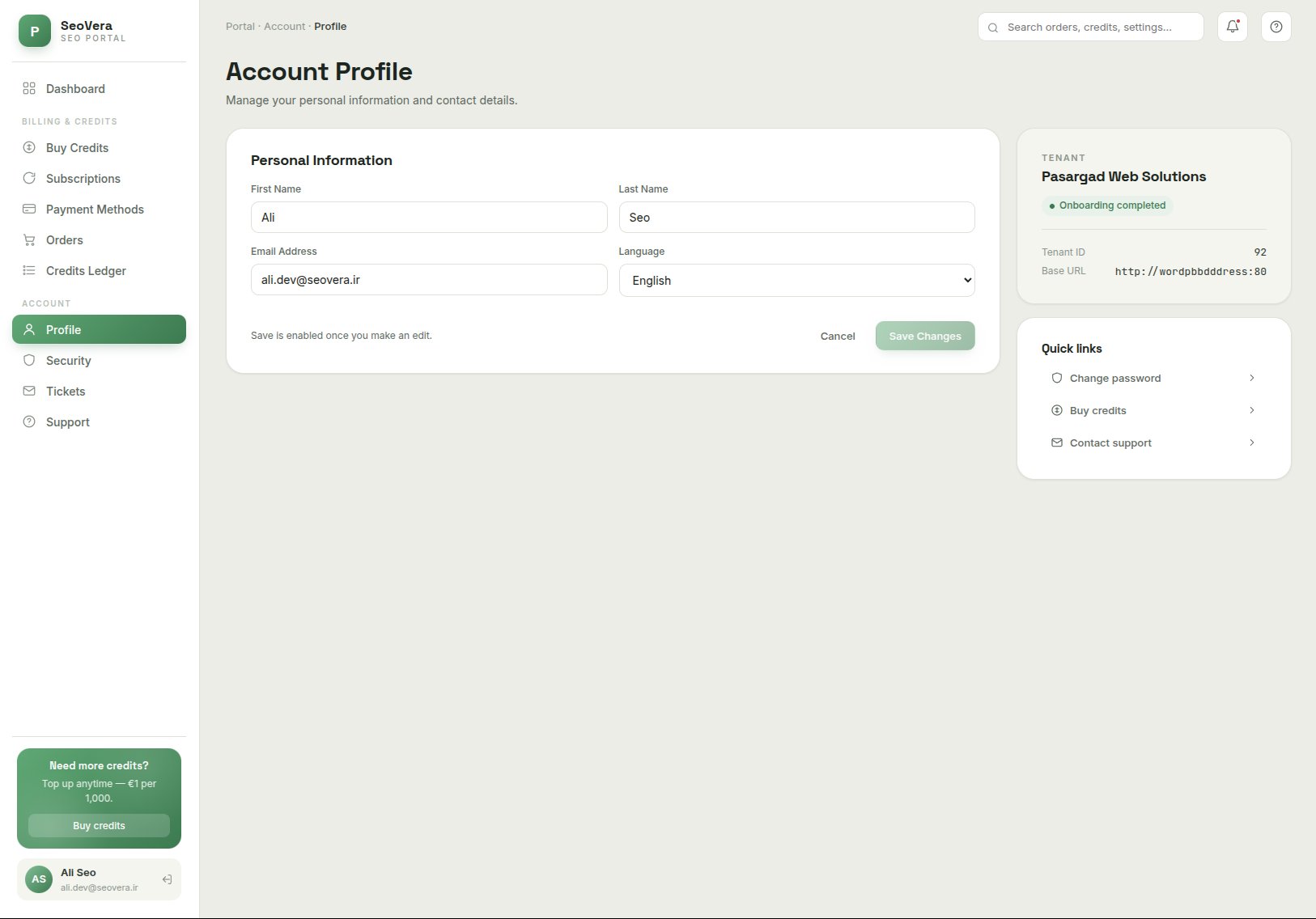 Account profile page in the SeoVia portal with tenant details and quick links