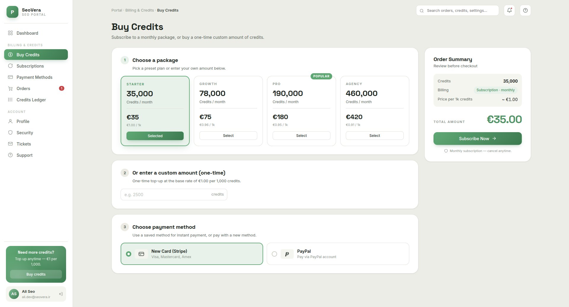 Buy credits page showing credit packages, custom top-up and payment methods