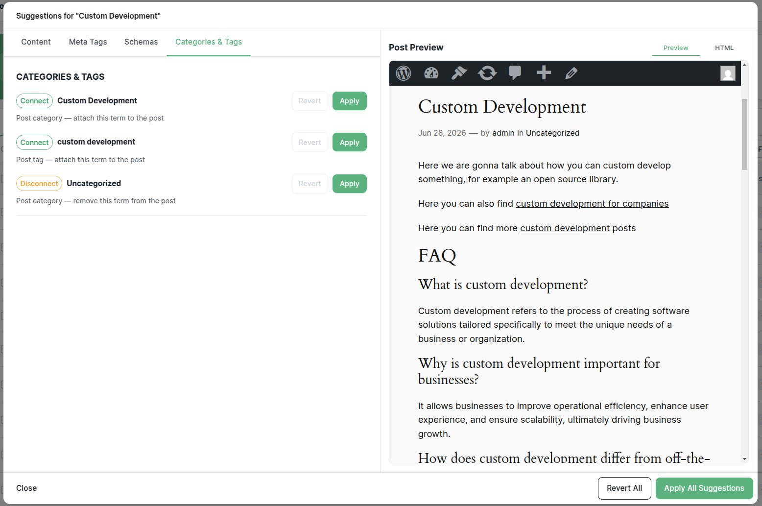 Suggestion review modal connecting categories and tags with a live post preview