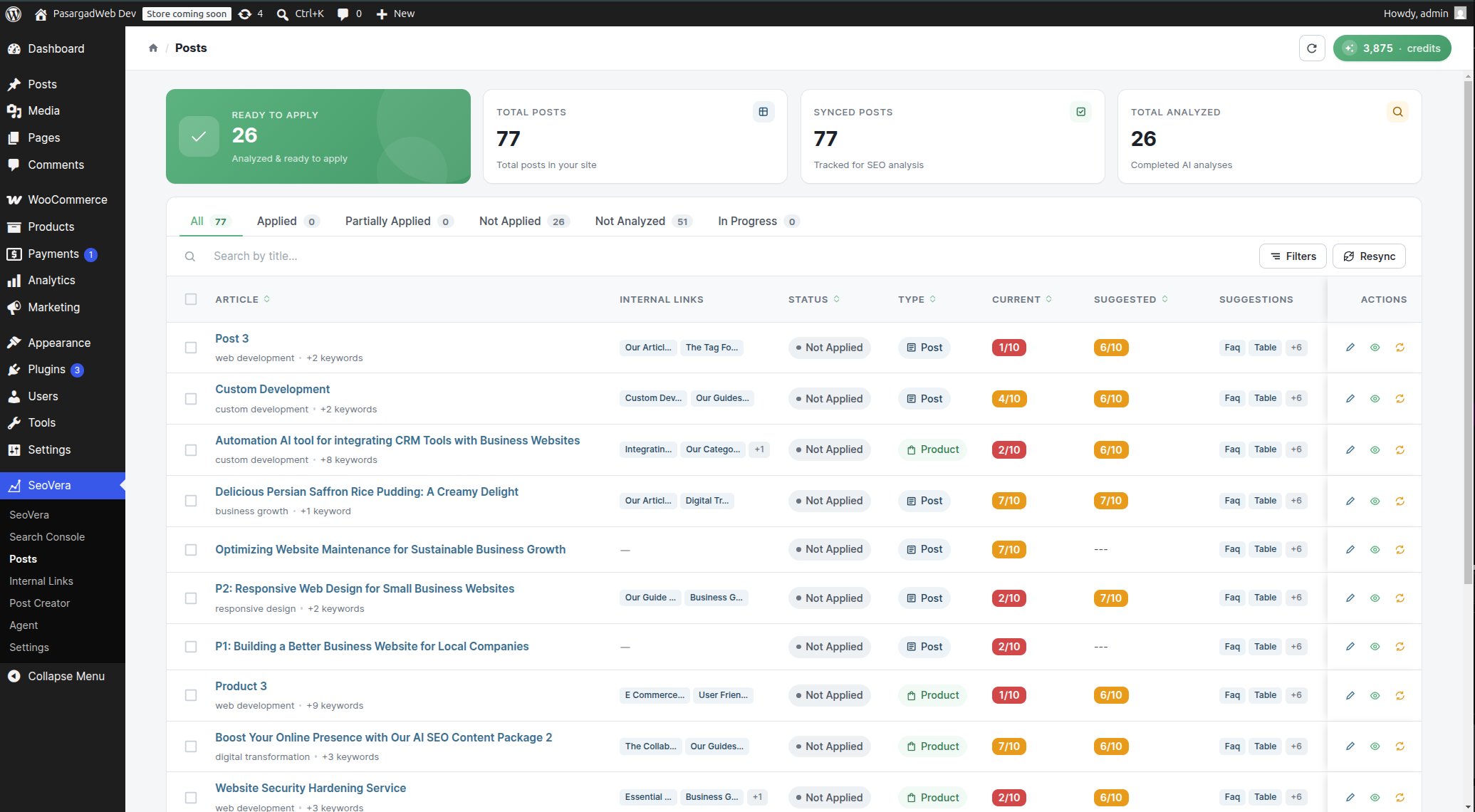 Posts list showing SEO status, internal links and current versus suggested scores