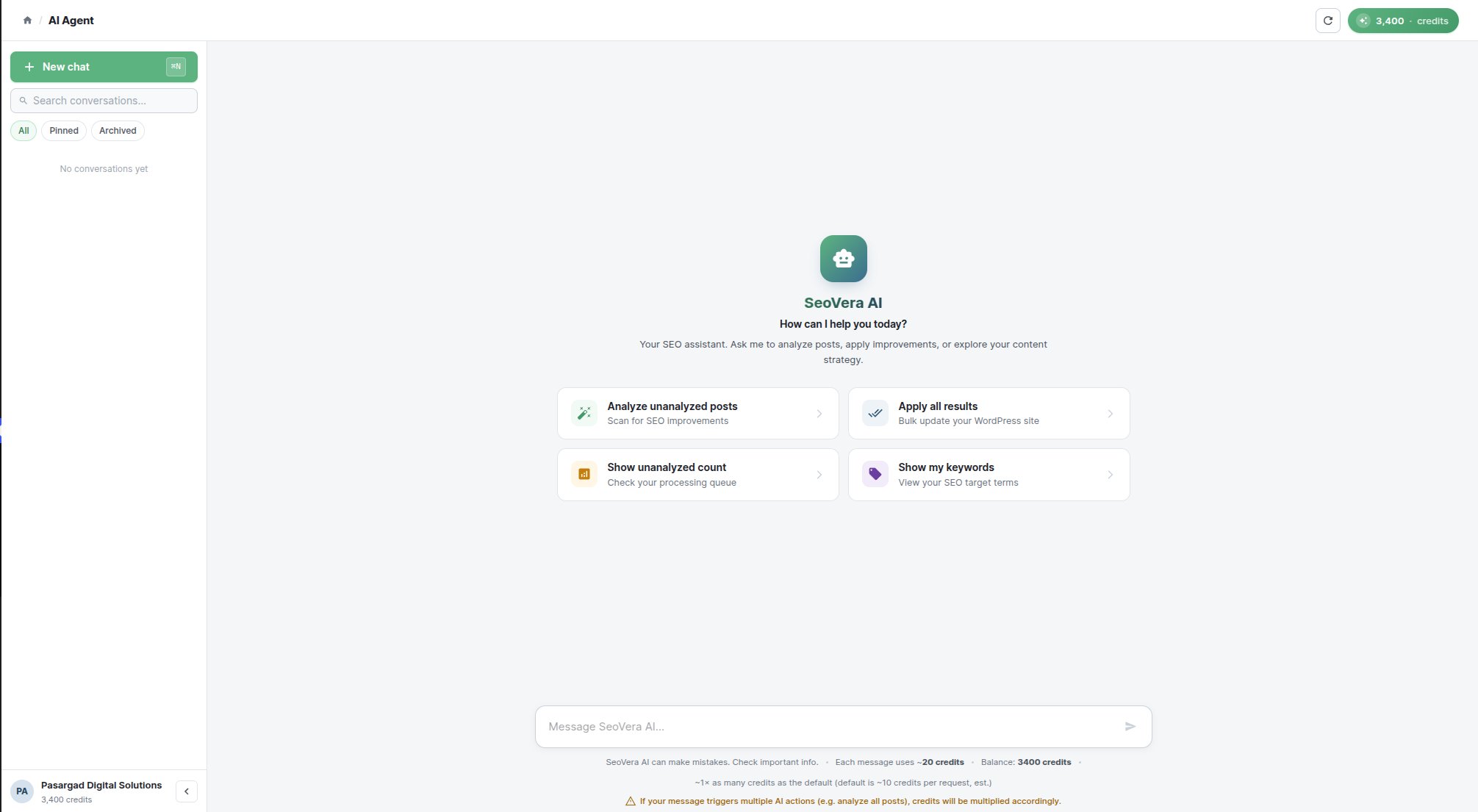 AI agent home screen with shortcuts to analyze posts and apply SEO results