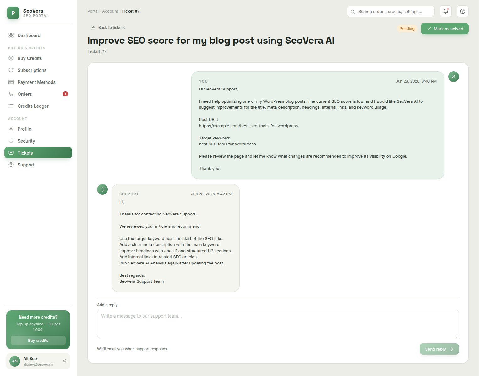 Support ticket thread with SeoVia recommendations for improving a post's SEO score
